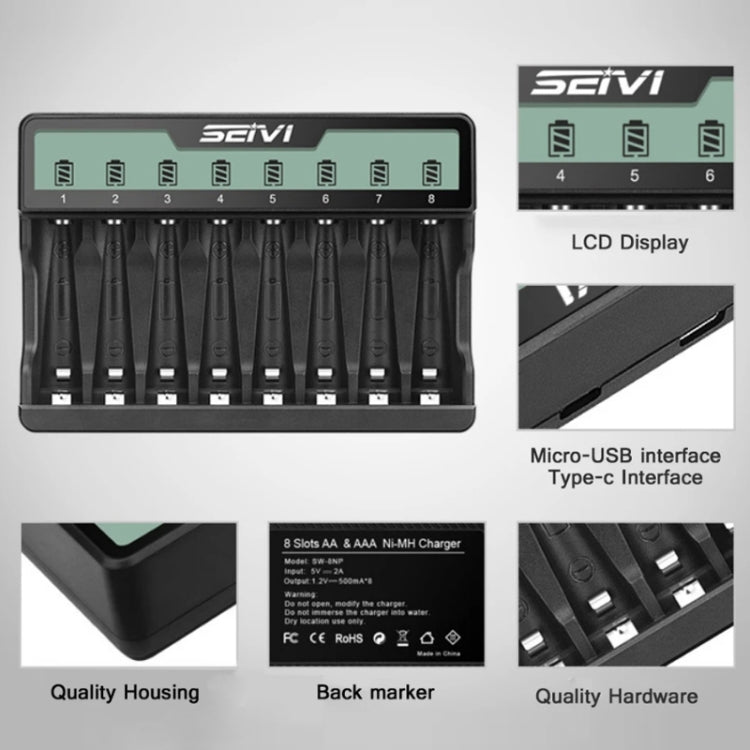Cargador USB de batería NiMH de carga de cuna de ocho ranuras en pantalla SEIVI