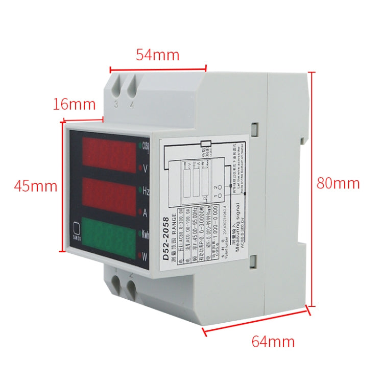 D52-2058 Vatímetro Medidor de corriente de voltios de riel DIN, AC80-300V Built-in CT, AC200-450V Built-in CT