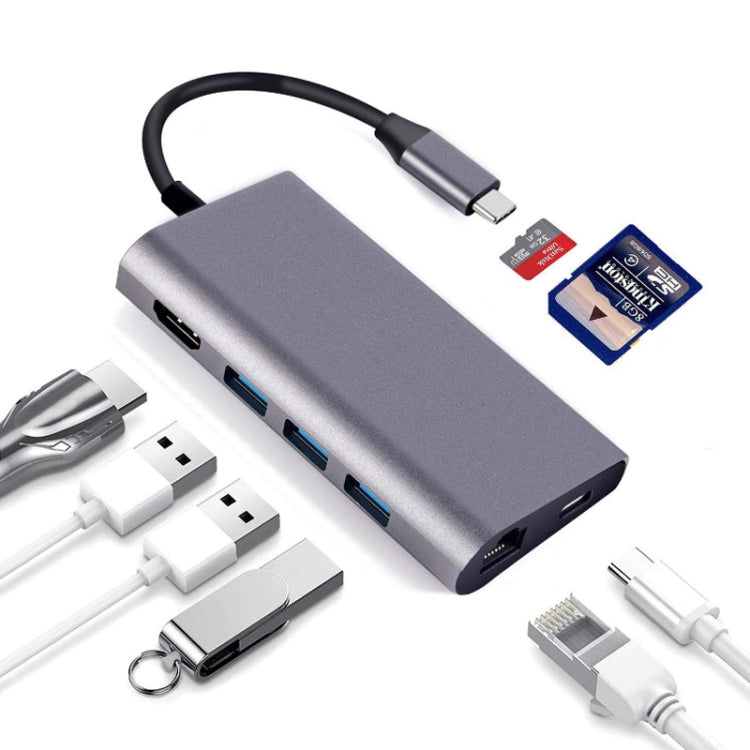 8 en 1 Tipo-c a HDMI+RJ45 Puerto de red+3USB3.0+Estación de acoplamiento PD
