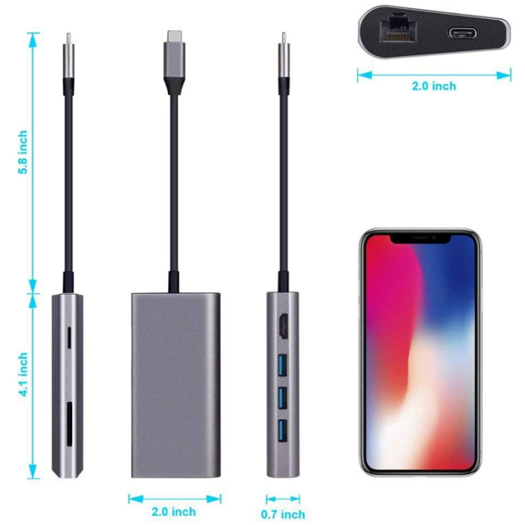 8 en 1 Tipo-c a HDMI+RJ45 Puerto de red+3USB3.0+Estación de acoplamiento PD