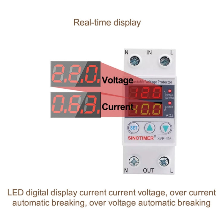 SINOTIMER SVP-916 Protector de bajo voltaje de sobrevoltaje ajustable con restablecimiento automático, corriente:, 40A, 63A, 80A