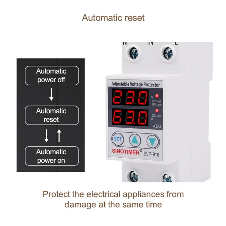 SINOTIMER SVP-916 Protector de bajo voltaje de sobrevoltaje ajustable con restablecimiento automático, corriente:, 40A, 63A, 80A