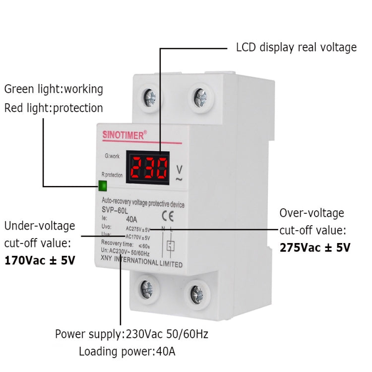 SINOTIMER 220V LED Pantalla digital Retardo Restablecimiento automático Protector de bajo voltaje, SVP-60L