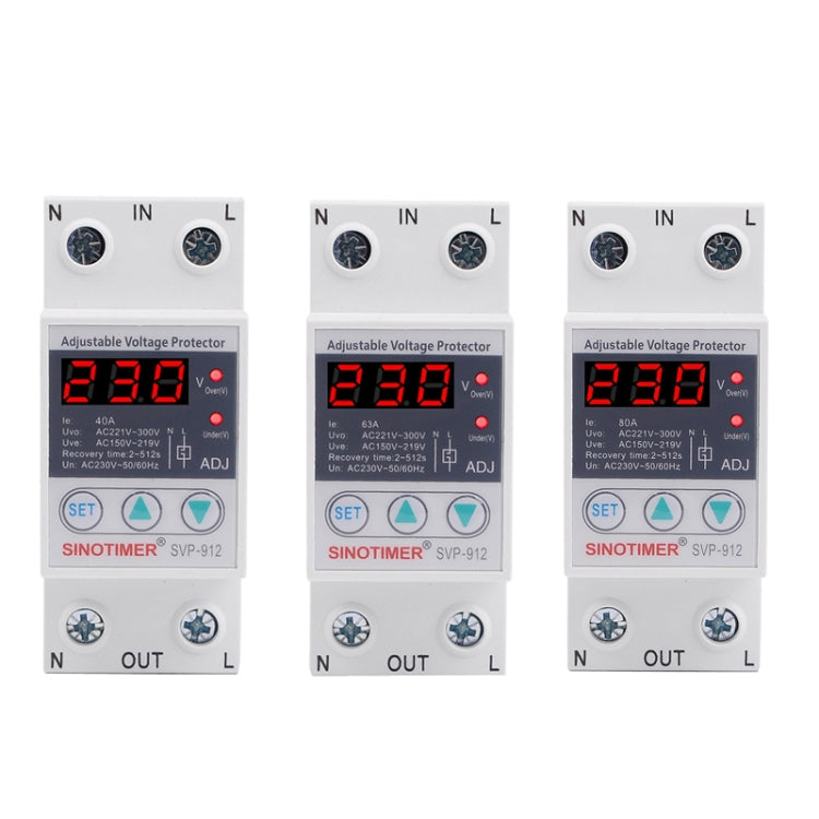 SINOTIMER SVP-912 Protector de bajo voltaje inteligente de restablecimiento automático ajustable, corriente:, 40A, 63A, 80A
