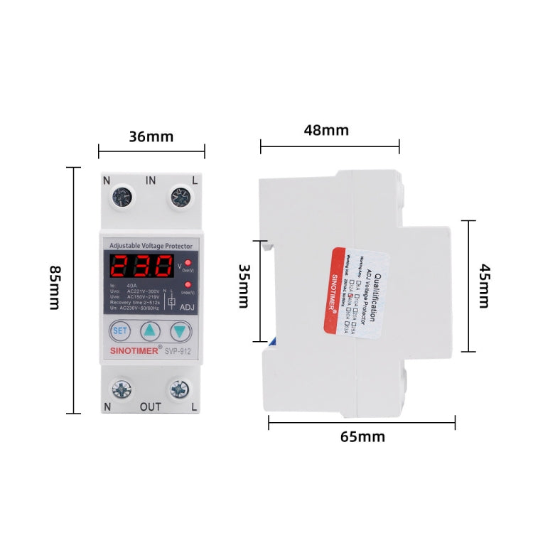 SINOTIMER SVP-912 Protector de bajo voltaje inteligente de restablecimiento automático ajustable, corriente:, 40A, 63A, 80A