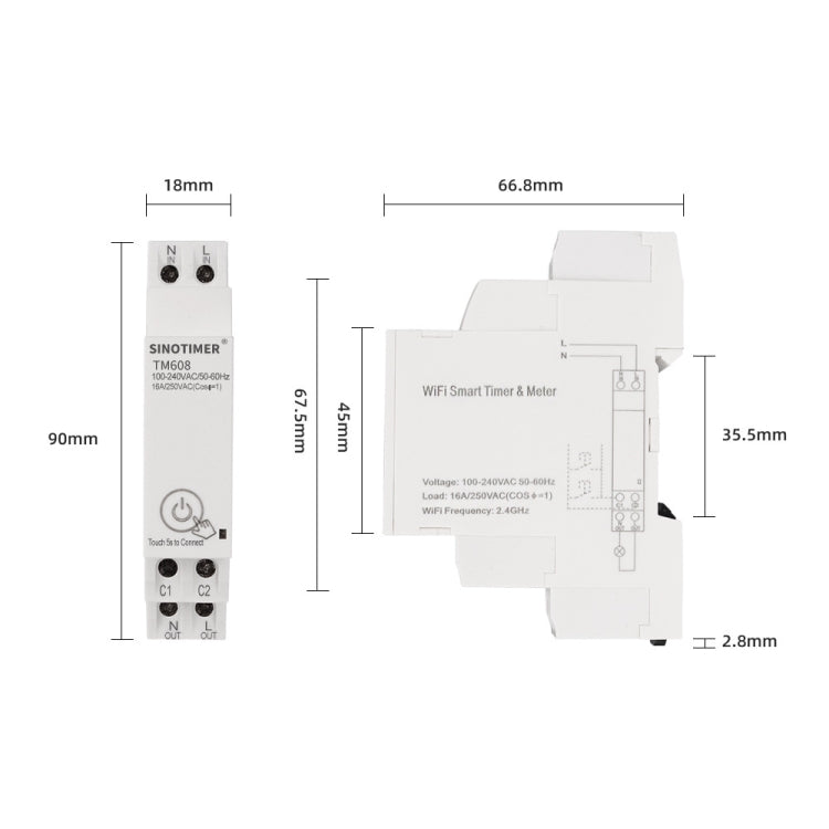 SINOTIMER TM608 Smart WiFi Medidor de potencia monofásico Aplicación móvil Home Rail Meter 16A 100-240V, TM608