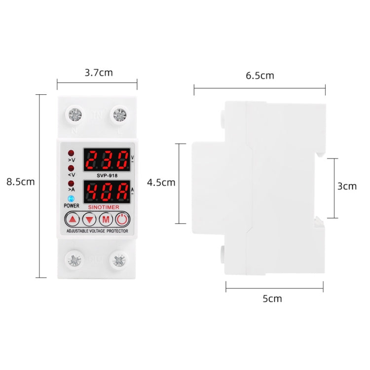 SINOTIMER SVP-918 Protector de bajo voltaje inteligente de restablecimiento automático ajustable, corriente:, 40A, 63A