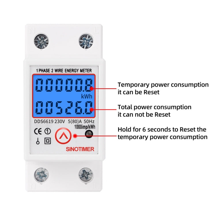 SINOTIMER DDS6619-526L-2 puede restablecer la pantalla de retroiluminación cero medidor de energía eléctrica de riel monofásico, DDS6619-526L-2