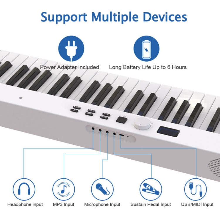Piano eléctrico plegable inteligente portátil de 88 teclas, enchufe de la UE, PJ88C White, PJ88C Black, PJ88CD Black With Light