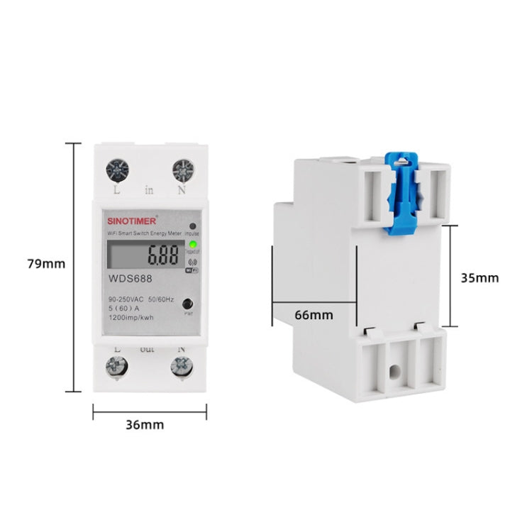 SINOTIMER WDS688 Medidor de potencia monofásico WiFi inteligente Aplicación móvil Medidor de riel doméstico 5-60A 230V, WDS688