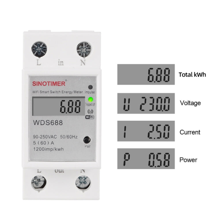 SINOTIMER WDS688 Medidor de potencia monofásico WiFi inteligente Aplicación móvil Medidor de riel doméstico 5-60A 230V, WDS688