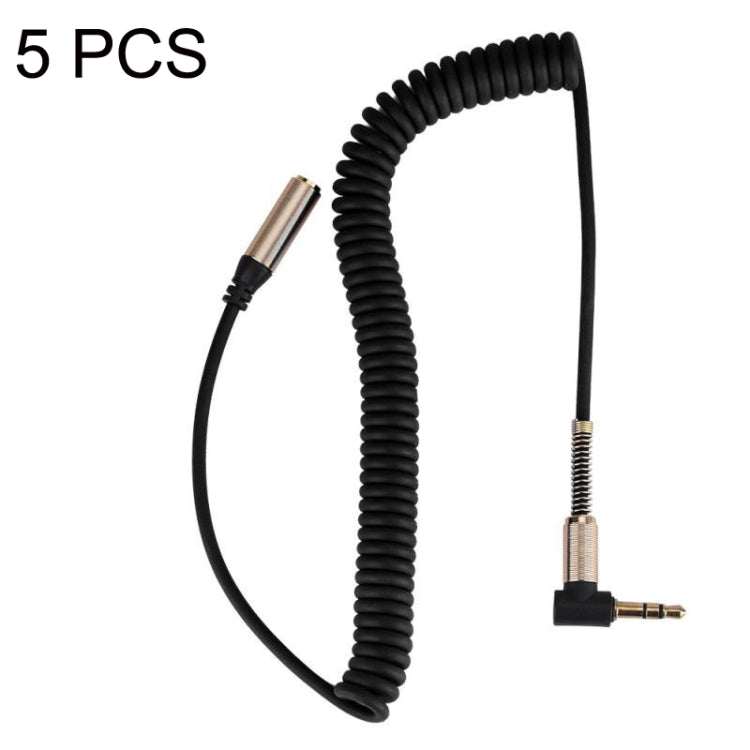 5PCS 3.5MM Macho a hembra Codo Resorte Línea de audio retráctil, Longitud del cable: 1.5m