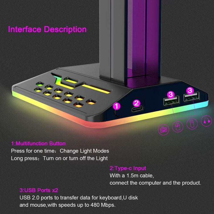 Soporte para auriculares para juegos con doble USB RGB que cambia de color