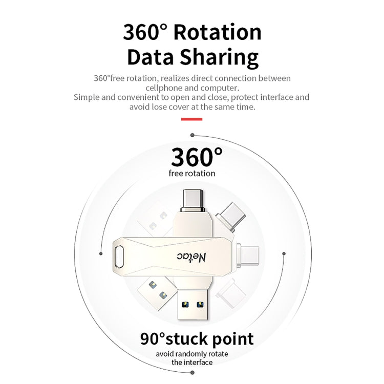 Netac U782C Tipo-C Unidad flash USB de computadora de metal de alta velocidad de interfaz dual, 32GB, 64GB, 128GB