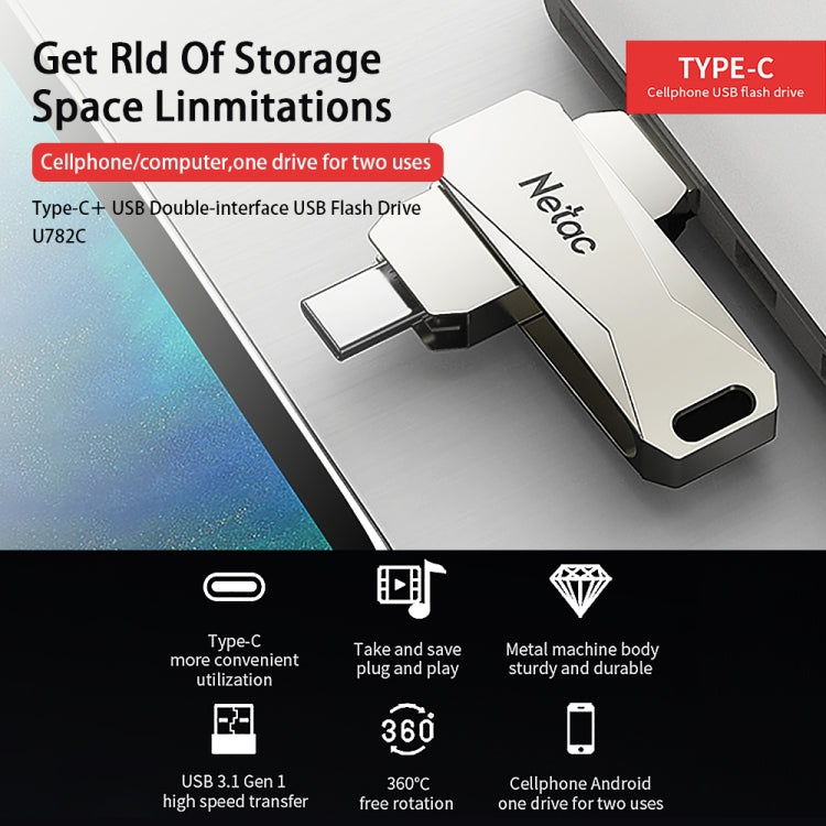 Netac U782C Tipo-C Unidad flash USB de computadora de metal de alta velocidad de interfaz dual, 32GB, 64GB, 128GB