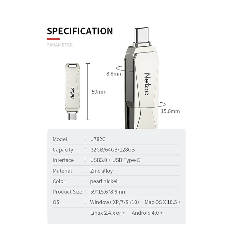 Netac U782C Tipo-C Unidad flash USB de computadora de metal de alta velocidad de interfaz dual, 32GB, 64GB, 128GB