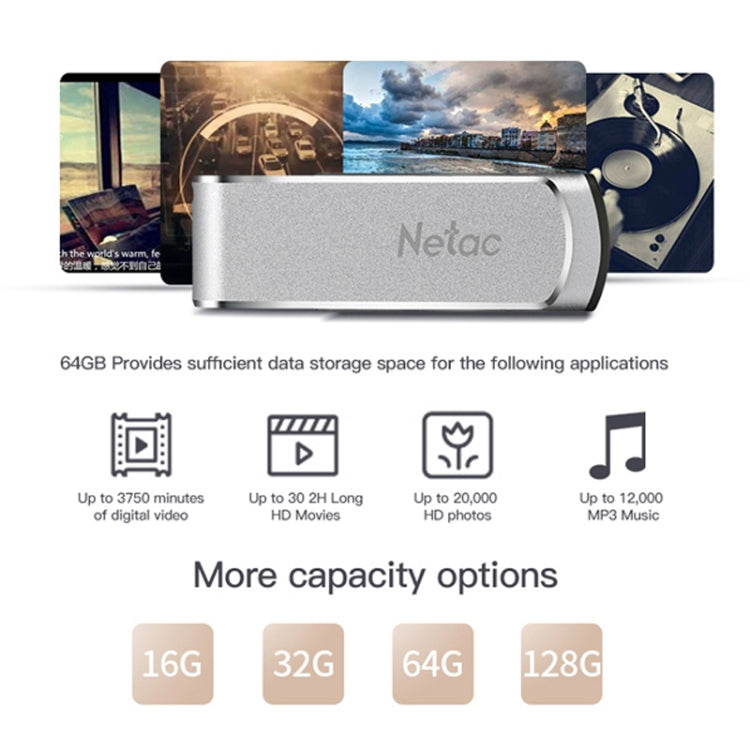 Netac U388 USB 3.0 de alta velocidad Disco giratorio de metal para computadora de automóvil U, 16GB, 32GB, 64GB, 128GB