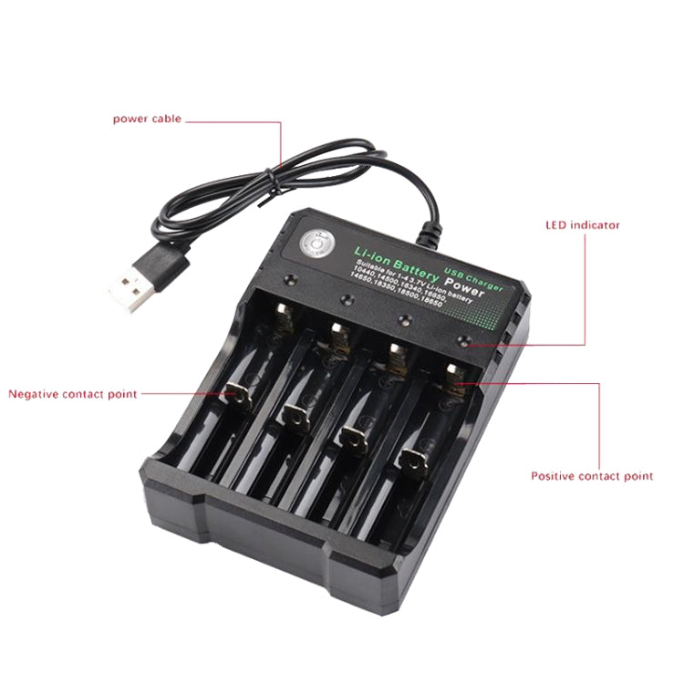 18650 4.2V Batería de litio USB Cargador independiente de 4 ranuras, 4 Slot USB(Black)