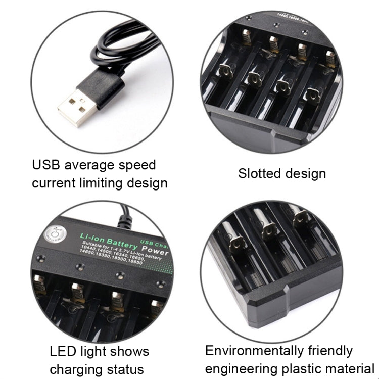 18650 4.2V Batería de litio USB Cargador independiente de 4 ranuras, 4 Slot USB(Black)