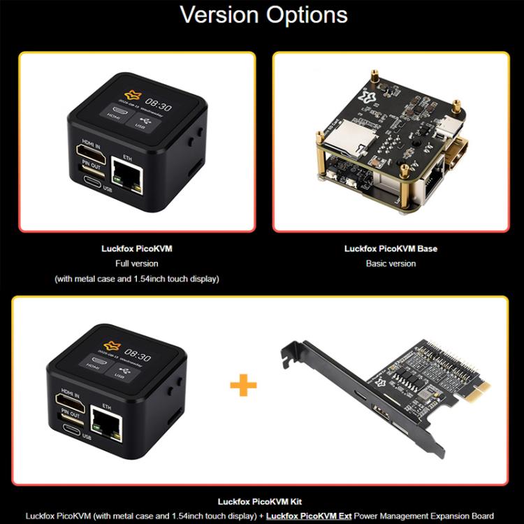 Herramienta ligera de gestión remota KVM IP Luckfox de Waveshare, Basic Version, Full Version (With Case and 1.54inch Display), Full Version+PicoKVM Ext Board