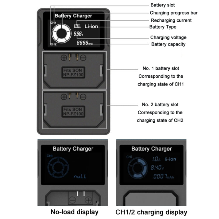 Cargador de batería de cámara de carga dual con pantalla LCD USB