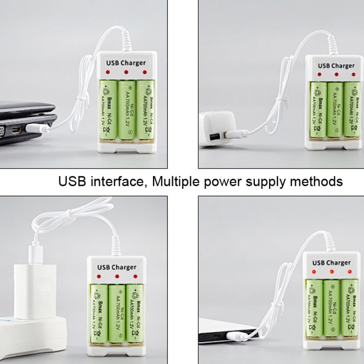 4 PCS BMAX B-03 Cargador de batería NiMH de 3 ranuras Cargador USB de batería AA / AAA, 3 Slot USB(White)