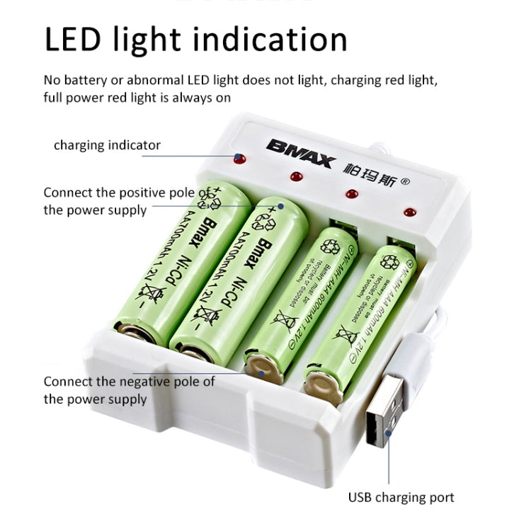 4 PCS BMAX B-04 AAA / AA 1.2V Batería Cargador USB de 4 ranuras, 4 Slot USB(White)