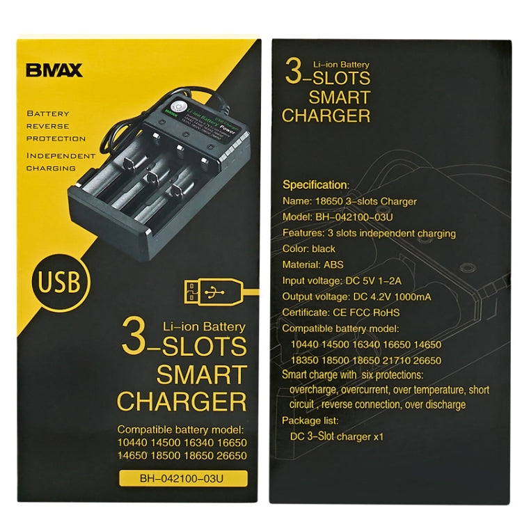 BMAX 18650 Asiento de carga USB de 3 ranuras 3.7 / 4.2V Cargador de batería de litio independiente, 3 Slot USB(Black)
