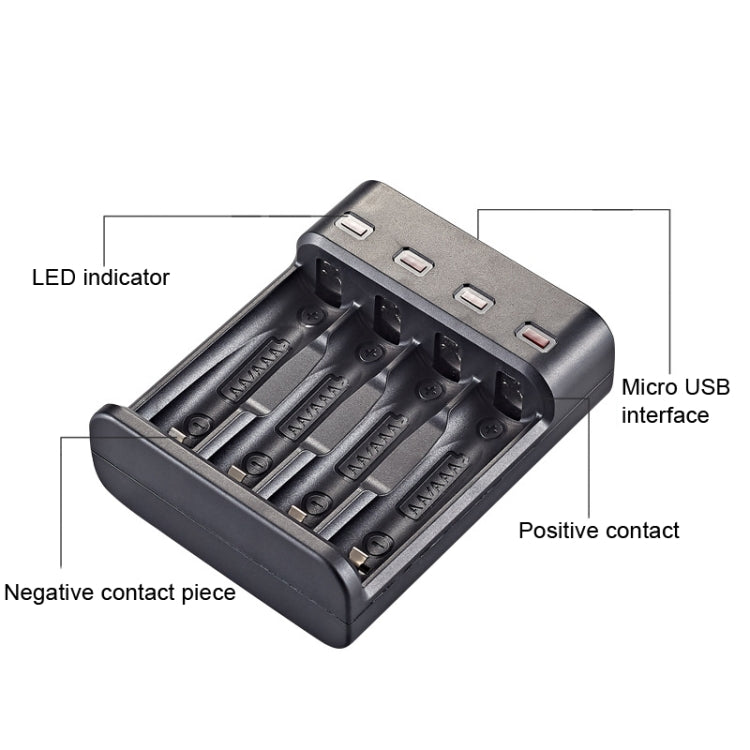 BMAX BH-804U 1.2V AA/AAA Batería recargable Independiente Cargador USB de 4 ranuras, 4 Slot Micro USB(Black)
