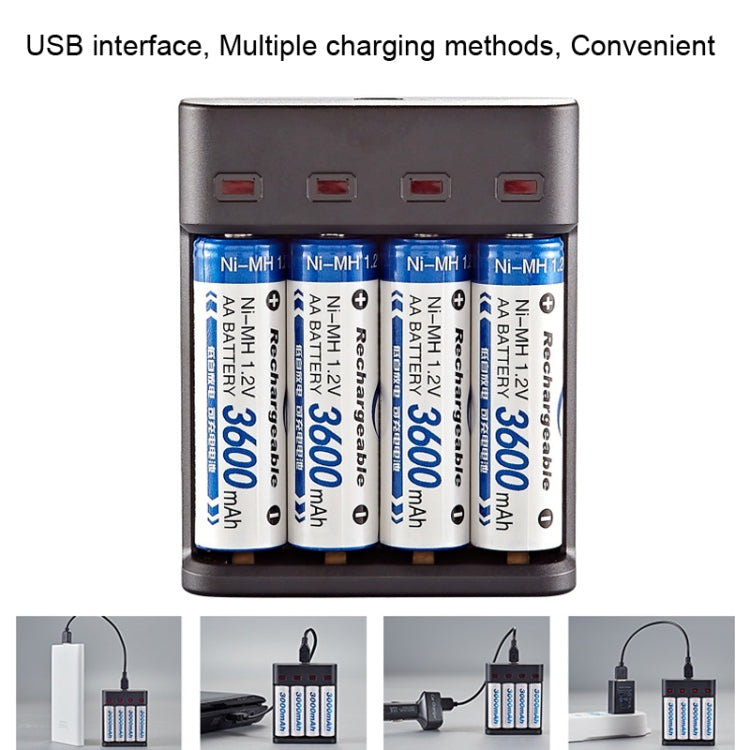 BMAX BH-804U 1.2V AA/AAA Batería recargable Independiente Cargador USB de 4 ranuras, 4 Slot Micro USB(Black)