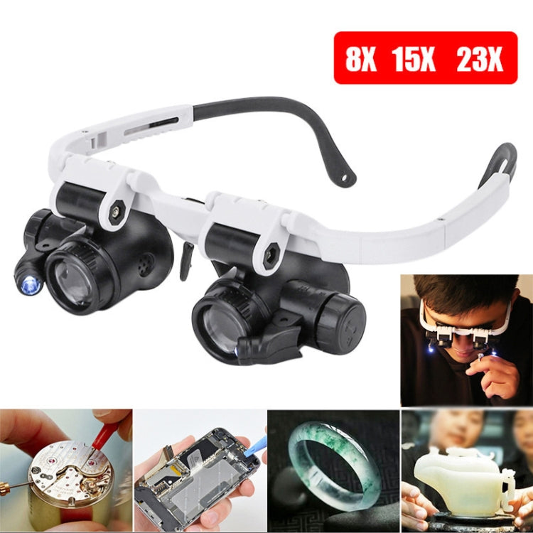 9892H-1 8x / 15x / 23x 2LED Lupa montada en la cabeza Reloj Reparación Gafas Tipo Lupa