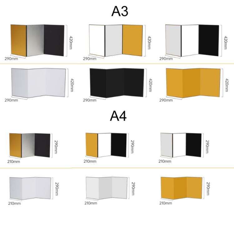 Accesorios de fotografía plegables en cartulina con reflector, A3 One Side All White, A3 One Side All Black, A3 One Side All Gold, A4 One Side All White, A4 One Side All Silver, A4 One Side All Gold