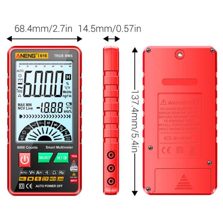 Multímetro de capacitancia de pantalla digital de alta precisión automático ANENG 616, Red, Black
