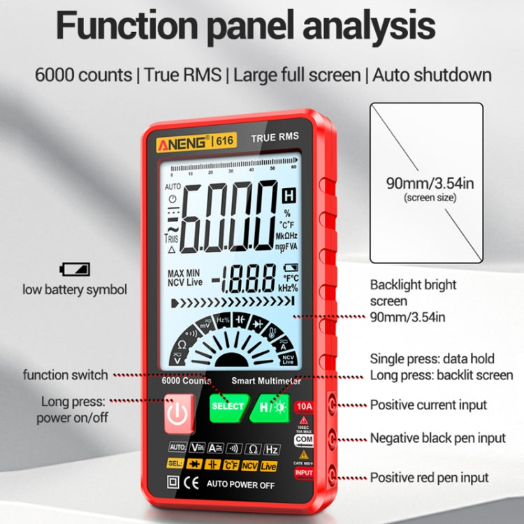 Multímetro de capacitancia de pantalla digital de alta precisión automático ANENG 616, Red, Black