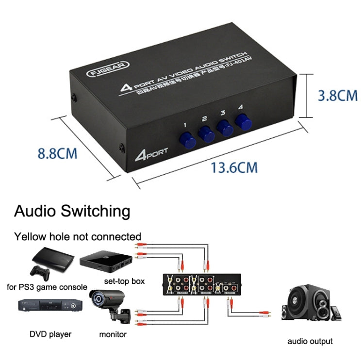 FJGEAR FJ-401AV Lotus Head Interface Conmutador de audio y video AV de 4 vías, FJ-401AV