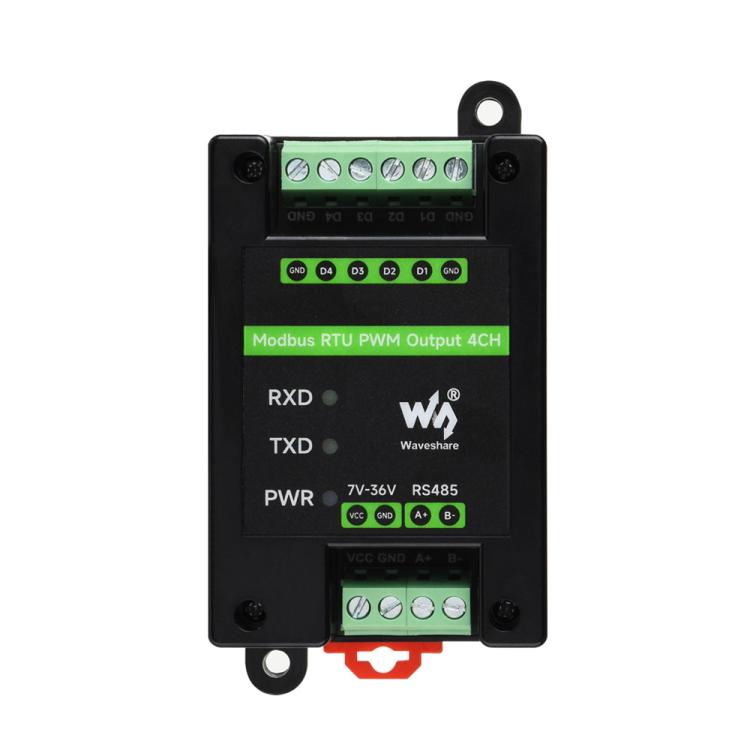 Módulo de salida PWM industrial de 4 canales Waveshare Modbus RTU RS485, frecuencia y ciclo de trabajo ajustables., Modbus RTU PWM Output 4CH