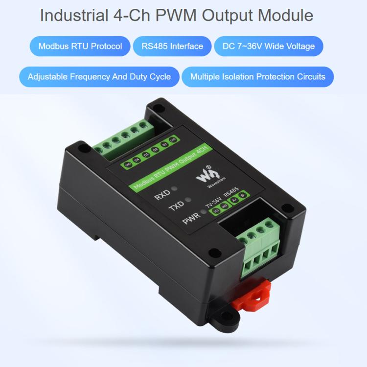 Módulo de salida PWM industrial de 4 canales Waveshare Modbus RTU RS485, frecuencia y ciclo de trabajo ajustables., Modbus RTU PWM Output 4CH