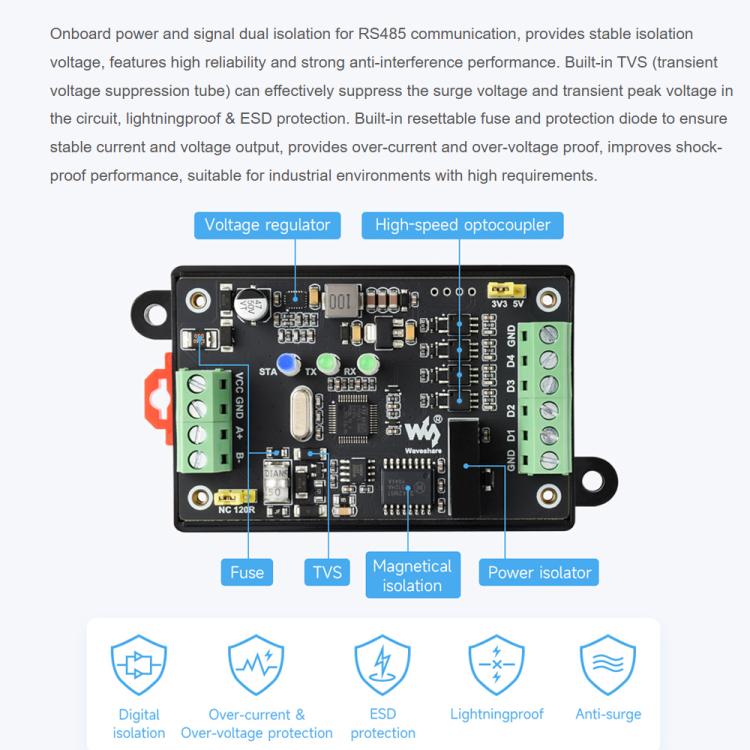Módulo de salida PWM industrial de 4 canales Waveshare Modbus RTU RS485, frecuencia y ciclo de trabajo ajustables., Modbus RTU PWM Output 4CH