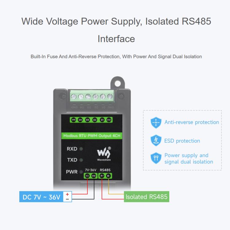 Módulo de salida PWM industrial de 4 canales Waveshare Modbus RTU RS485, frecuencia y ciclo de trabajo ajustables., Modbus RTU PWM Output 4CH