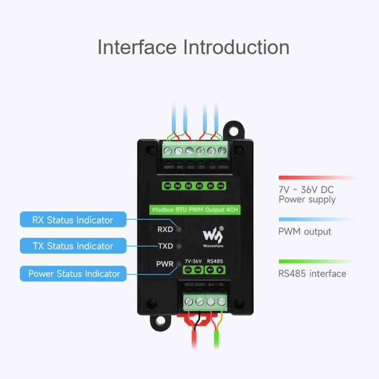 Módulo de salida PWM industrial de 4 canales Waveshare Modbus RTU RS485, frecuencia y ciclo de trabajo ajustables., Modbus RTU PWM Output 4CH