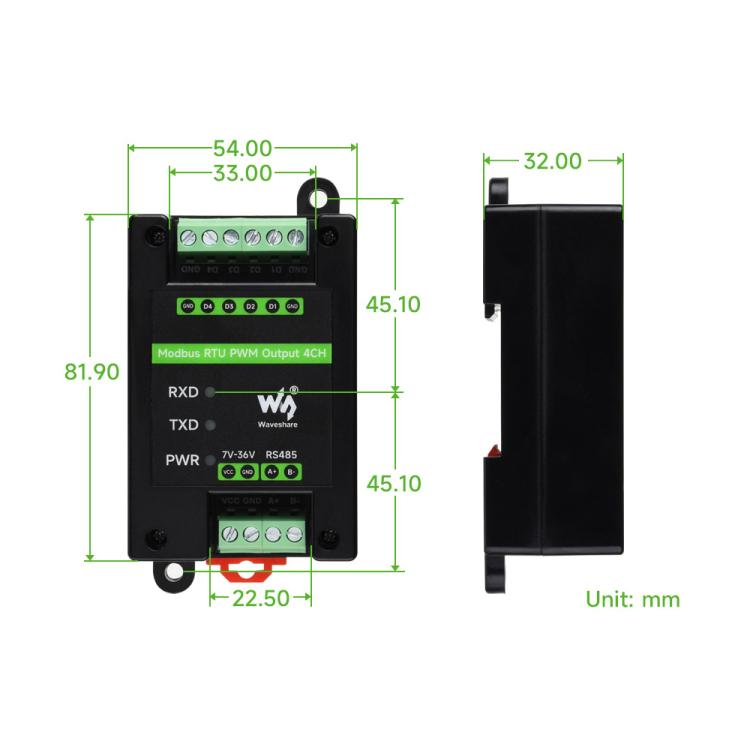 Módulo de salida PWM industrial de 4 canales Waveshare Modbus RTU RS485, frecuencia y ciclo de trabajo ajustables., Modbus RTU PWM Output 4CH