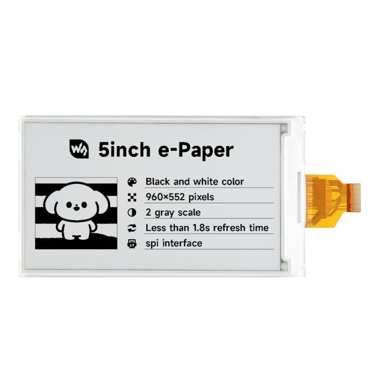 Pantalla de tinta electrónica Waveshare de 5 pulgadas con resolución de 960 × 552 y interfaz SPI compatible con GPIO de Raspberry Pi., Display Only, With Driver HAT