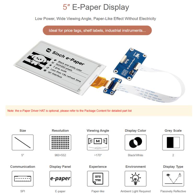 Pantalla de tinta electrónica Waveshare de 5 pulgadas con resolución de 960 × 552 y interfaz SPI compatible con GPIO de Raspberry Pi., Display Only, With Driver HAT