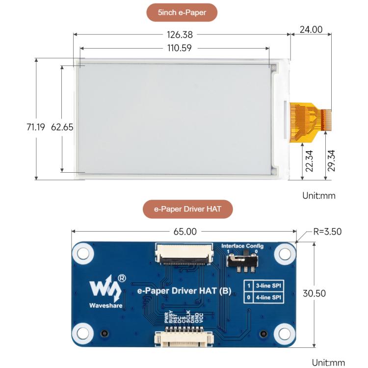 Pantalla de tinta electrónica Waveshare de 5 pulgadas con resolución de 960 × 552 y interfaz SPI compatible con GPIO de Raspberry Pi., Display Only, With Driver HAT