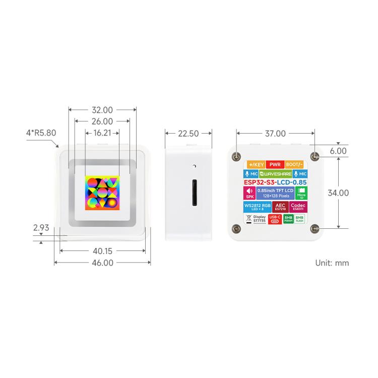 Placa de desarrollo Waveshare ESP32-S3 con pantalla LCD de 0,85 pulgadas (128 × 128), doble micrófono, Wi-Fi/BLE 5 y soporte para IA., ESP32-S3-LCD-0.85