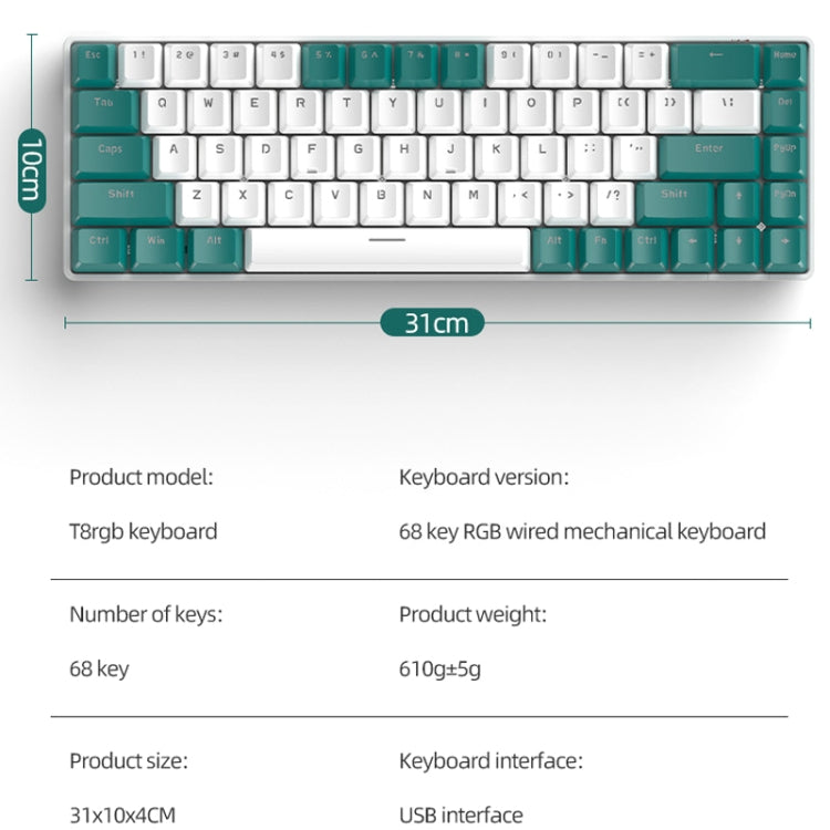 ZIYOU LANG T8 Teclado mecánico para juegos RGB de 68 teclas, longitud del cable: 1,5 m, estilo:, T8 Micro Light Version Green Shaft, T8 Micro Light Version Tea Shaft, T8 Water Green Version Green Shaft, T8 Water Green Version Red Shaft                 ...