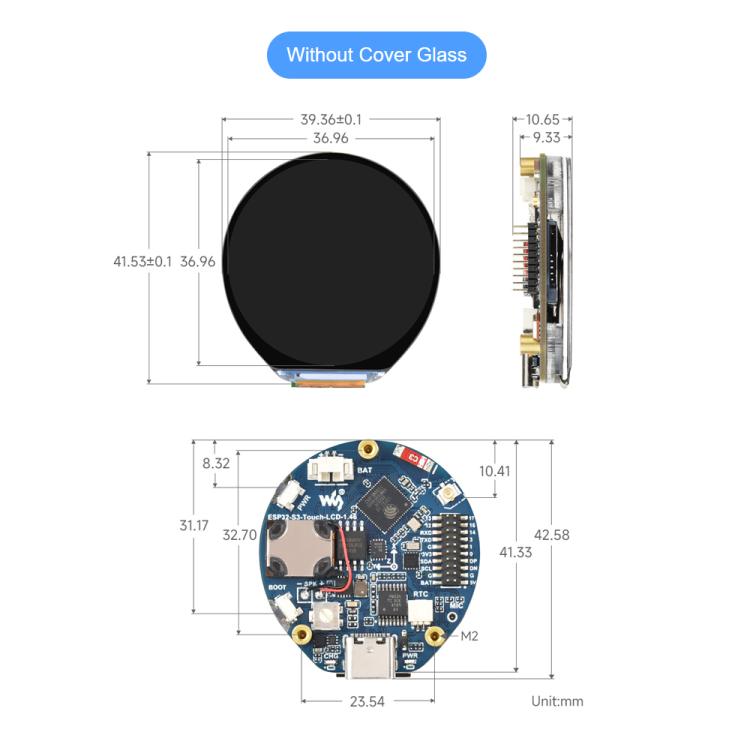 Placa de desarrollo Waveshare ESP32-S3R8 de 1,46 pulgadas con pantalla táctil redonda, resolución 412×412, compatible con WiFi y Bluetooth., Without Cover Glass, With Cover Glass, With Widened Cover Glass