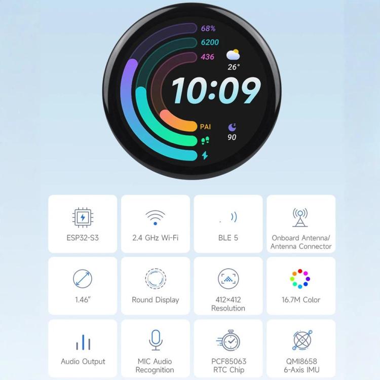 Placa de desarrollo Waveshare ESP32-S3R8 de 1,46 pulgadas con pantalla táctil redonda, resolución 412×412, compatible con WiFi y Bluetooth., Without Cover Glass, With Cover Glass, With Widened Cover Glass