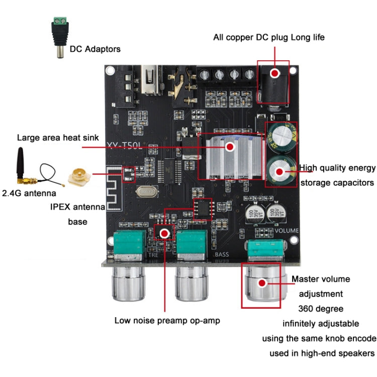 XY-T50L 12V Bluetooth 5.0 Audio Digital Clase D Módulo receptor con amplificador, XY-T50L