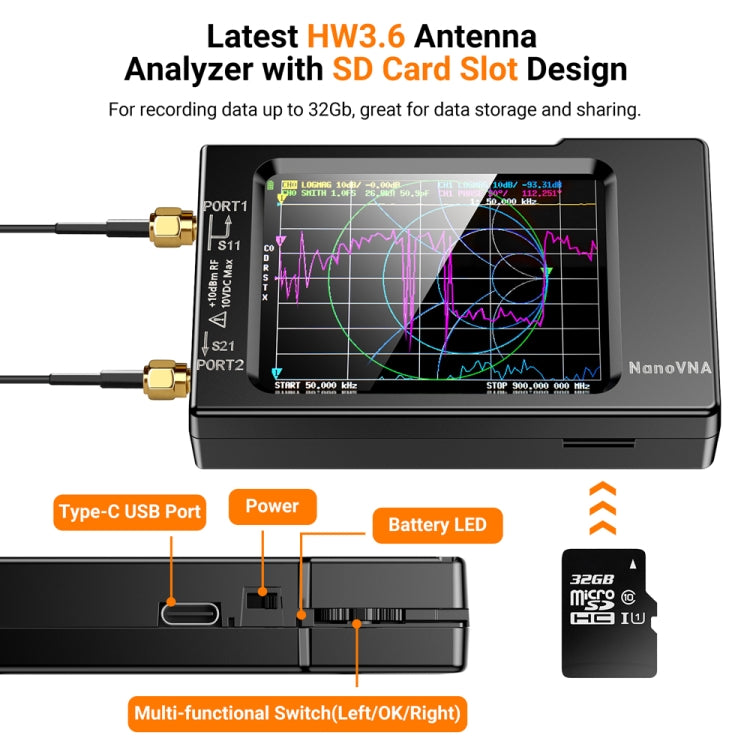 NANOVNA-H versión mejorada 2,8 pulgadas TFT 50Khz-1,5 Ghz Analizador de antena de red vectorial MF HF VHF UHF con tarjeta SD, 2.8 Inch